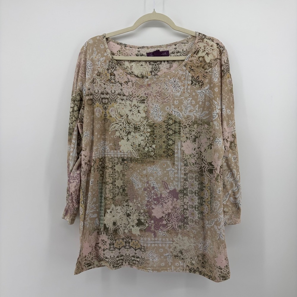 Gloria Vanderbilt Womens L‎ Tan Patchwork Paisley Rhinestone Long Sleeve Top